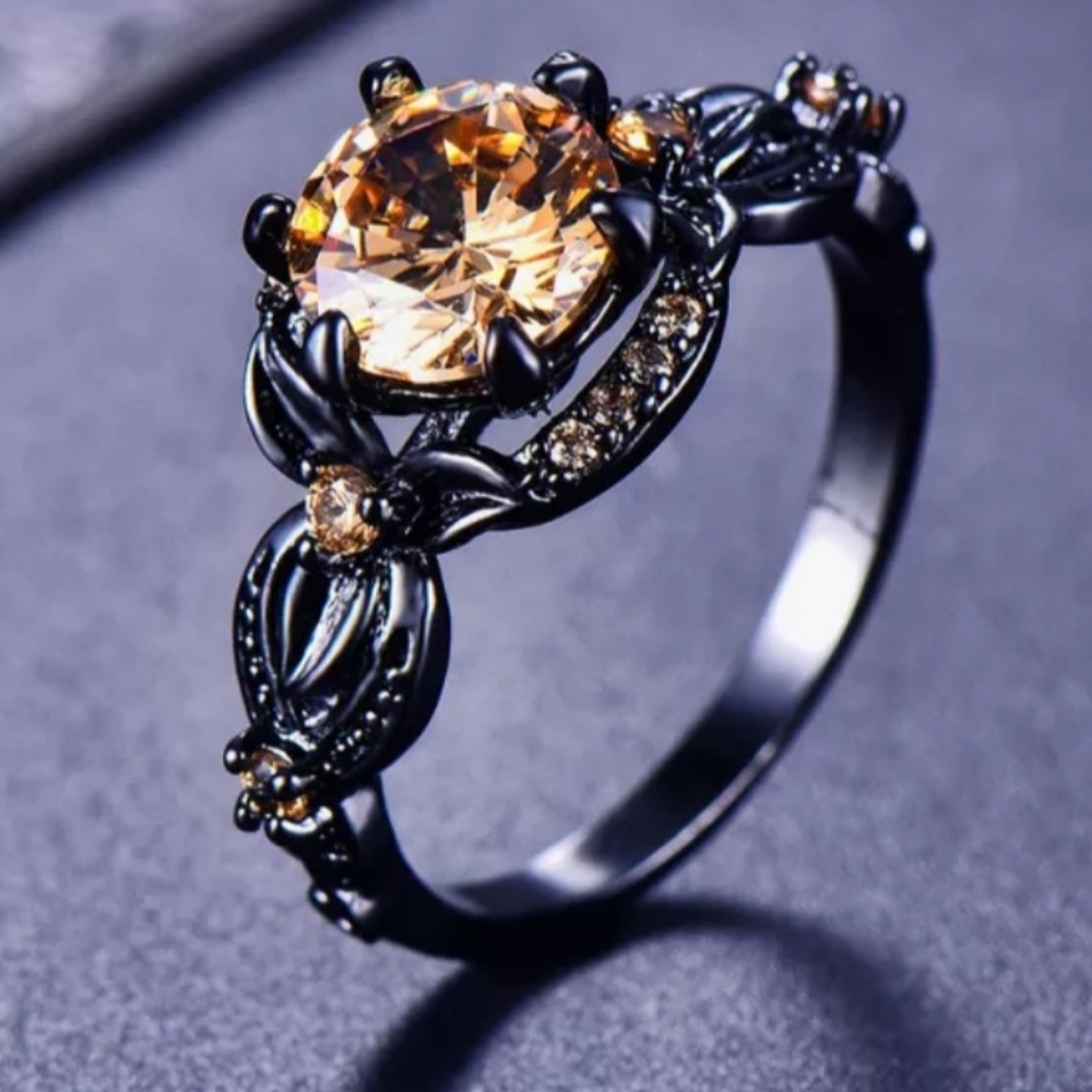 Black gold titanium and champagne zirconia boho goth punk ring sz 8 new - Picture 2 of 3